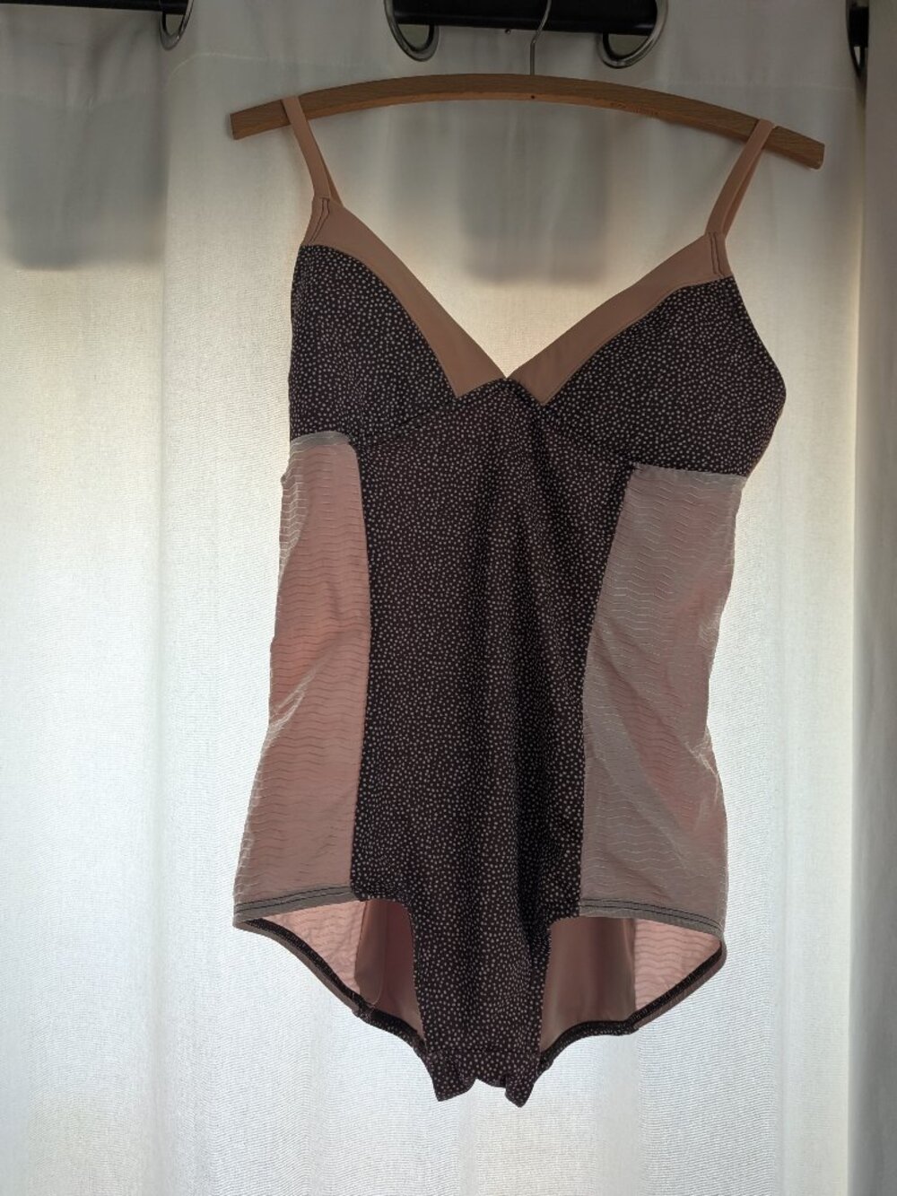 Seea One-Piece Swimsuit — Brown Polka Dot & Dusty Rose, Size L